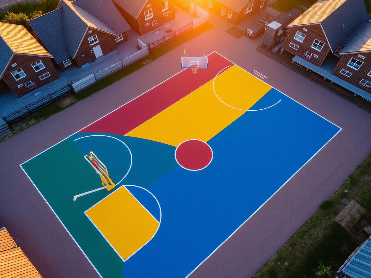 Outdoor basketball court with mountains in the background