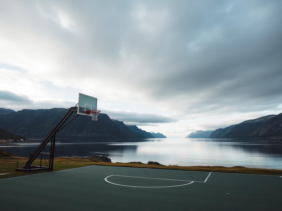 Basketball court by the waterfront at sunset