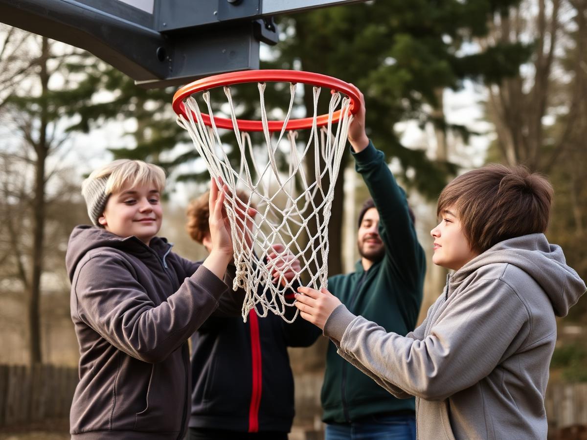 New basketball net installed on an outdoor hoop